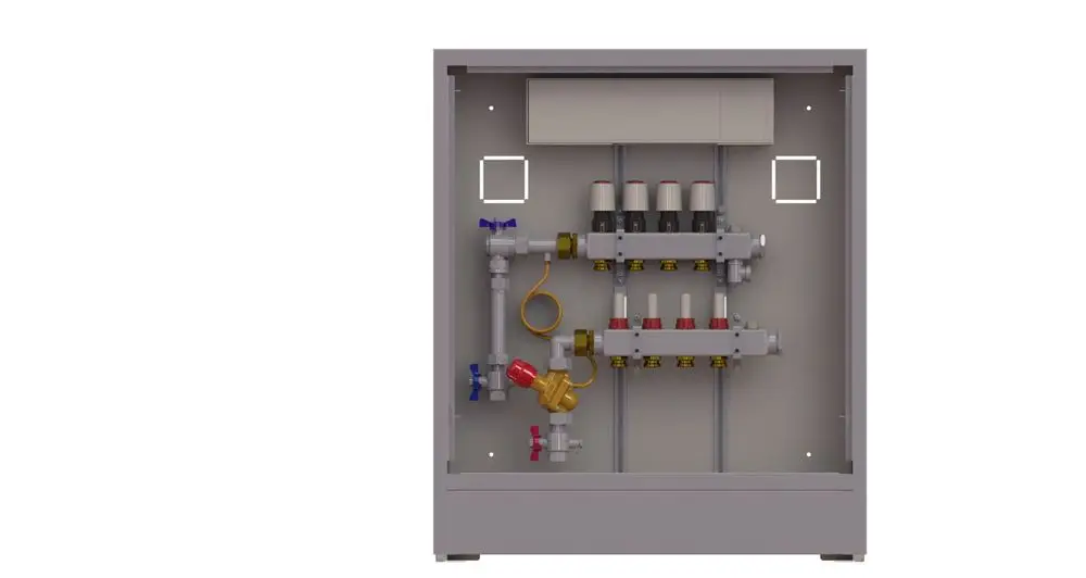 Danfoss Heizungsstation mit mehreren Ventilen und Anschlüssen, montiert in einem rechteckigen Gehäuse mit Platz für eine elektrische Steuerung.
